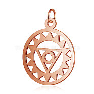 201 Stainless Steel Pendants, Chakra, Visuddha, Flat Round with Triangle, Rose Gold, 22.5x19x1mm, Hole: 3mm(STAS-S105-T524R)