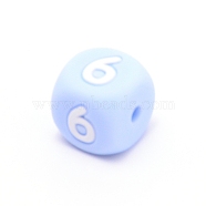 Silicone Beads, for Bracelet or Necklace Making, Arabic Numerals Style, Light Sky Blue Cube, Num.6, 10x10x10mm, Hole: 2mm(SIL-TAC001-02C-6)