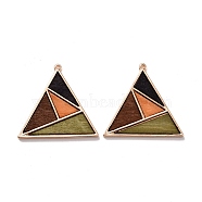 Dyed Wood Pendants, with Light Gold Plated Alloy Findings, Triangle with Geometric Pattern, Colorful, 38x40x3mm, Hole: 1.4mm(FIND-A006-03KCG)
