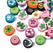 Handmade Polymer Clay Beads, Flat Round with Mixed Pattern, Mixed Color, 6~9x2~4.5mm, Hole: 0.8~1.5mm(CLAY-S092-75A)