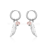 304 Stainless Steel Dangle Hoop Earrings, Feather with Word, Stainless Steel Color, 34x15mm(LD6089-2)