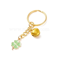 St.Patrick's Day Clover Alloy Enamel Charms Keychains, Aluminum Bell Keychains, with Iron Findings, Golden, 7cm(KEYC-JKC00367-02)