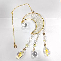 Crystal Chandelier Glass Teardrop Pendant Decorations, Hanging Sun Catchers, with Opalite Chips Beads, for Home Decoration, Star & Moon, Golden, 385~540mm(HJEW-PH01778-02)