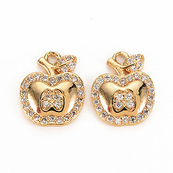 Brass Micro Pave Cubic Zirconia Charms, Nickel Free, Real 18K Gold Plated, Apple, Clear, 14x11x2mm, Hole: 1.5mm(KK-S360-141A-NF)