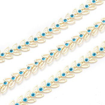 Golden Brass Enamel Cobs Chain, Long-Lasting Plated, with Spool, Soldered, Evil Eye with Arrow, Light Blue, 7x6x2.5mm, 32.8 Feet(10m)/roll