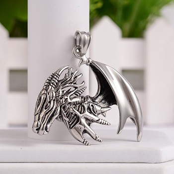 304 Stainless Steel Pendants, Flying Dragon Pendants for Men, Antique Silver, 43x49.5x7mm, Hole: 5x9mm