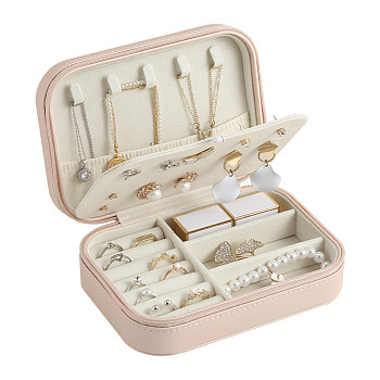 Rectangle Imitation Leather Jewelry Storage Zipper Box, Portable Travel Jewelry Storage Accessories Case, Pink, 16x11.5x6cm