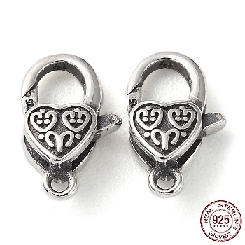 925 Thailand Sterling Silver Lobster Claw Clasps, Heart, with 925 Stamp, Antique Silver, 12.5x7.5x4mm, Hole: 1.4mm