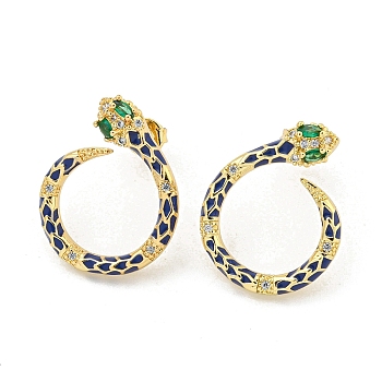 Snake Real 18K Gold Plated Brass Dangle Earrings, with Enamel and Cubic Zirconia, Dark Blue, 20.5x16.5mm