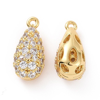 Brass Micro Pave Clear Cubic Zirconia Charms, Teardrop Charm, Real 18K Gold Plated, 14x6.5x6mm, Hole: 1mm