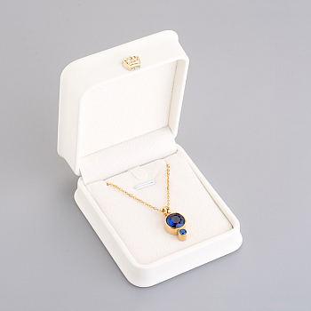 PU Leather Necklace Pendant Gift Boxes, with Golden Plated Iron Crown and Velvet Inside, for Wedding, Jewelry Storage Case, White, 8.4x7.2x4cm