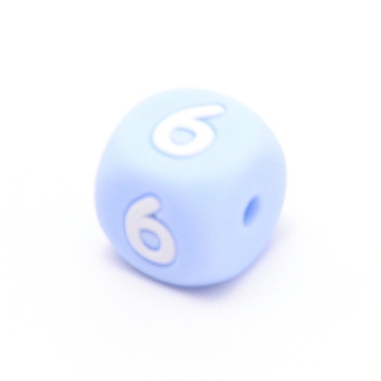 Silicone Beads, for Bracelet or Necklace Making, Arabic Numerals Style, Light Sky Blue Cube, Num.6, 10x10x10mm, Hole: 2mm