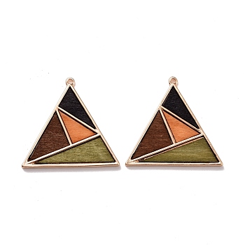Dyed Wood Pendants, with Light Gold Plated Alloy Findings, Triangle with Geometric Pattern, Colorful, 38x40x3mm, Hole: 1.4mm