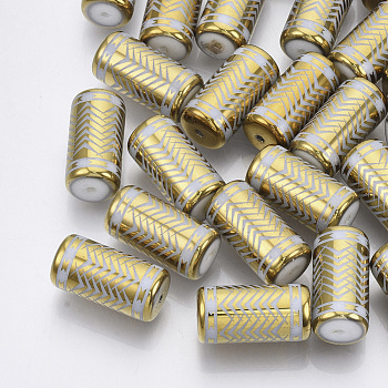 Electroplate Glass Beads, Column with Chevron Pattern, Gold, 20x10mm, Hole: 1.2mm, about 50pcs/bag