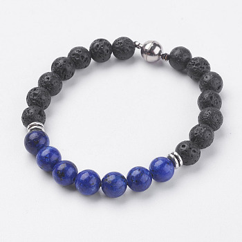 Natural Lava Rock Beads Bracelets, with Natural Lapis Lazuli, Magnetic Clasp and Alloy Finding, 7-5/8 inch(195mm)