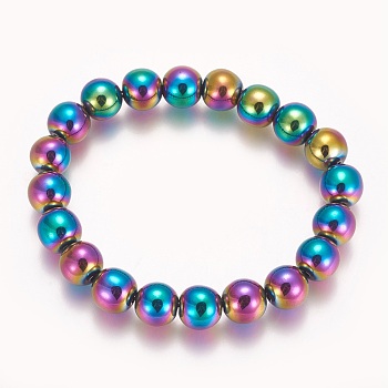 Electroplated Non-magnetic Synthetic Hematite Beaded Stretch Bracelet, Round, Multi-color Plated, 2-1/8 inch(5.3cm), Bead: 10mm