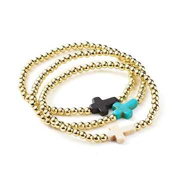 Cross Synthetic Turquoise(Dyed) Beads Stretch Bracelets Set for Girl Women, ABS Plastic Beads Bracelets, Golden, Inner Diameter: 2-1/4 inch(5.6cm), 3pcs/set