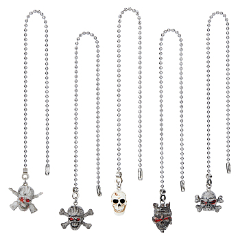 Halloween Theme Skull Pendant PVC Plastic Ceiling Fan Pull Chain Extenders, with 304 Stainless Steel Ball Chains, Mixed Color, 343~350mm, 1pc/style