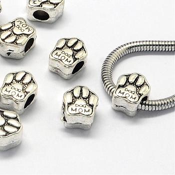 Alloy European Beads, Large Hole Beads, Dog Paw Prints, Antique Silver, 11.5x10x7mm, Hole: 4.5mm