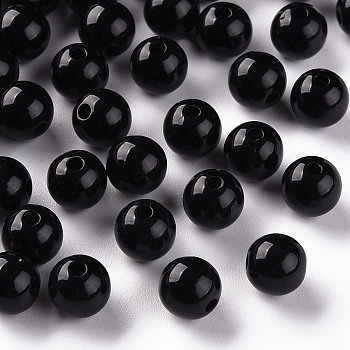Opaque Acrylic Beads, Round, Black, 8x7mm, Hole: 2mm