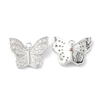 Brass Micro Pave Clear Cubic Zirconia Pendants, Butterfly Charms, Platinum, 14.5x17.5x3mm, Hole: 1.5mm