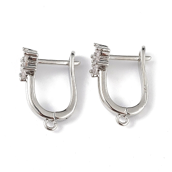 Brass Flower Hoop Earring Findings, Latch Back with Clear Cubic Zirconia, Lead Free & Cadmium Free, Platinum, 18x13x7mm, Hole: 1.2mm, Pin: 1mm