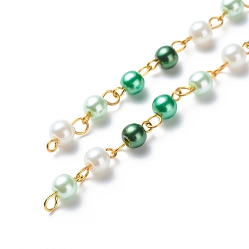 Handmade Glass Pearl Round Beaded Chains, with Brass Eye Pins, Unwelded, Green, 13x6mm, about 3.28 Feet(1m)/Box