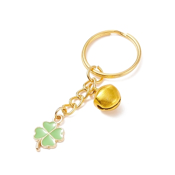 St.Patrick's Day Clover Alloy Enamel Charms Keychains, Aluminum Bell Keychains, with Iron Findings, Golden, 7cm