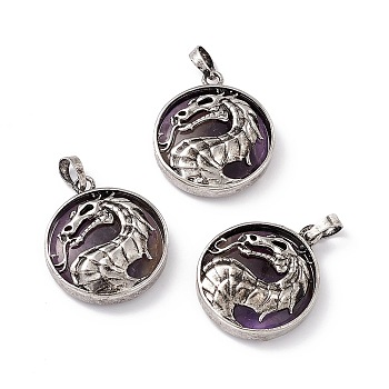Natural Amethyst Pendants, Flat Round Charms with Rack Plating Antique Silver Tone Brass Dragon, Cadmium Free & Lead Free, 32x28x7.5mm, Hole: 8.5x5mm