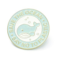 Save the Ocean Alloy Enamel Brooches, Enamel Pin, Flat Round with Whale and Say No to Plastic, Light Cyan, 25x10mm(ENAM-C001-08G)