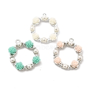 Alloy Pendants, Ring Charms with Flower, with Resin and ABS Imitation Pearl Beads, Mixed Color, Platinum, 27x23.5x4.5mm, Hole: 1.8~2mm(PALLOY-E014-06P)