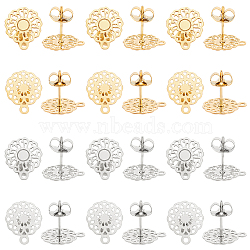 24Pcs 4 Style 304 Stainless Steel Stud Earring Findings, with Horizontal Loops, Flower, Golden & Stainless Steel Color, 12.5~13x10.5mm, Hole: 1mm, pin: 0.7mm, 6Pcs/style(STAS-UN0040-81)