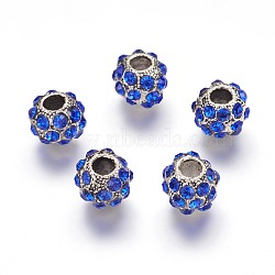 Alloy Rhinestone European Beads, Rondelle, Antique Silver, Sapphire, 11~12x9~9.5mm, Hole: 4mm(PALLOY-P144-08B)