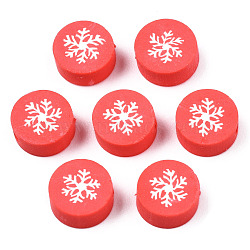 Handmade Polymer Clay Beads, Christmas Style, Flat Round with Snowflake, Red, 9x4mm, Hole: 1.6mm(CLAY-N007-012)