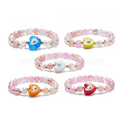 Heart with Evil Eye Lampwork Stretch Bracelet with Glass Beads for Women, Mixed Color, Inner Diameter: 2-1/8 inch(5.3cm)(BJEW-JB08103)