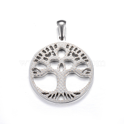 304 Stainless Steel Pendants, Flat Round with Tree of Life, Stainless Steel Color, 27.5x25x2mm, Hole: 7x3mm(STAS-K162-101P)