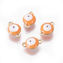 Ion Plating(IP) 304 Stainless Steel Enamel Links connectors, Flat Round with Evil Eye, Golden, Coral, 12x8x4mm, Hole: 1.4mm(STAS-F206-02G-B06)