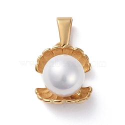 304 Stainless Steel Pendants, with Shell Pearl, Clamshell Shape, Golden, 17x14x12mm, Hole: 8x3mm(STAS-I127-083G)