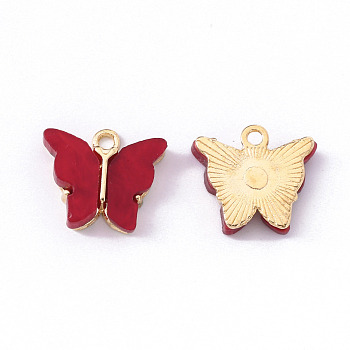 Alloy Enamel Pendants, Butterfly, Light Gold, FireBrick, 14x16.5x3mm, Hole: 1.6mm