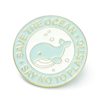 Save the Ocean Alloy Enamel Brooches, Enamel Pin, Flat Round with Whale and Say No to Plastic, Light Cyan, 25x10mm