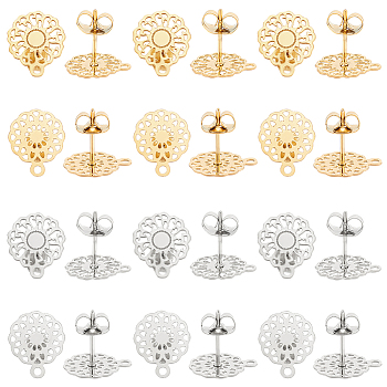 24Pcs 4 Style 304 Stainless Steel Stud Earring Findings, with Horizontal Loops, Flower, Golden & Stainless Steel Color, 12.5~13x10.5mm, Hole: 1mm, pin: 0.7mm, 6Pcs/style