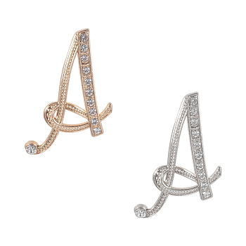 Alloy Brooches, with Rhinestone, Alphabet A, Mixed Color, 45x36mm, Pin: 1mm, 2pcs/box