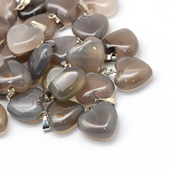 Heart Natural Grey Agate Pendants, with Platinum Plated Brass Findings, 17~19x15~16x5~8mm, Hole: 2x7mm