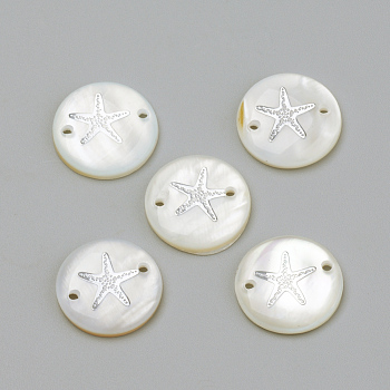 Freshwater Shell Links connectors, Flat Round & Starfish/Sea Stars, Platinum, 16x3.5~4mm, Hole: 1.1~1.5mm