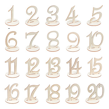 Wood Table Numbers Cards, with Round Base, for Wedding, Restaurant, Birthday Party Decorations, Number 1 to 20, BurlyWood, Number: 95~115x30~98x2mm, Round Base: 78x78x2mm
