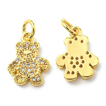 Rack Plating Brass Micro Pave Cubic Zirconia Charms, with Jump Ring, Bear, Real 18K Gold Plated, 13x10x1.7mm, Hole: 3.2mm