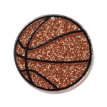 Transparent Resin Pendants, Sport Ball Charms with Glitter Powder, Basketball, 35x2mm, Hole: 1.6mm