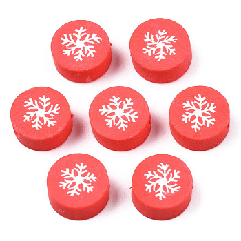 Handmade Polymer Clay Beads, Christmas Style, Flat Round with Snowflake, Red, 9x4mm, Hole: 1.6mm