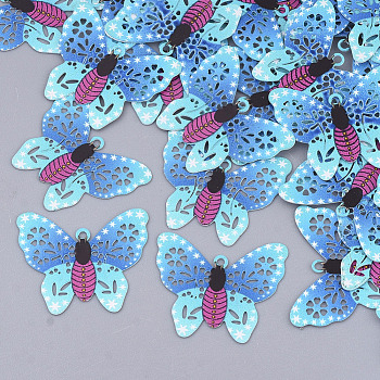 Printed Brass Pendants, Etched Metal Embellishments, Butterfly, Deep Sky Blue, 15.5x19x0.3mm, Hole: 1mm