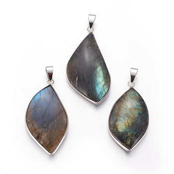 Natural Labradorite Pendants, with Brass Findings, Leaf, Platinum, 41~53x22.5~24~26x8~15mm, Hole: 4.5x6.5mm